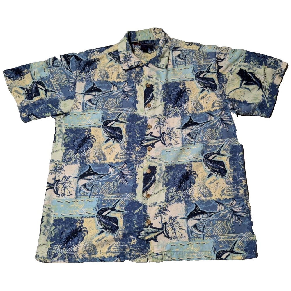 REEL LEGENDS Mahi Mahi MARLIN Men Medium Tropical Blue Cotton‎ Rayon Camp Shirt